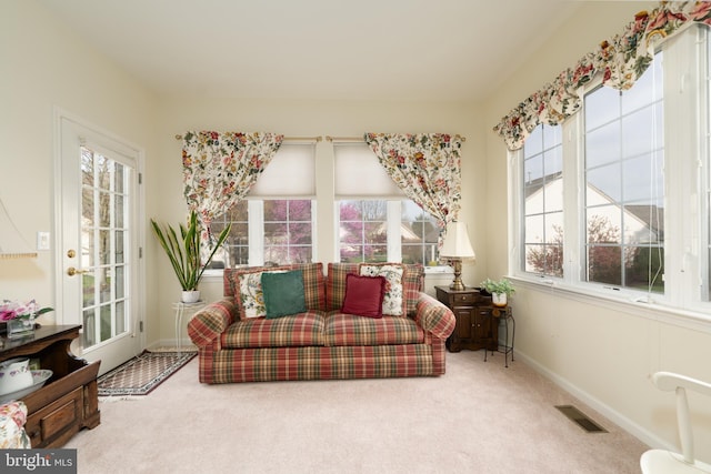 living area featuring carpet, healthy amount of natural light, and baseboards