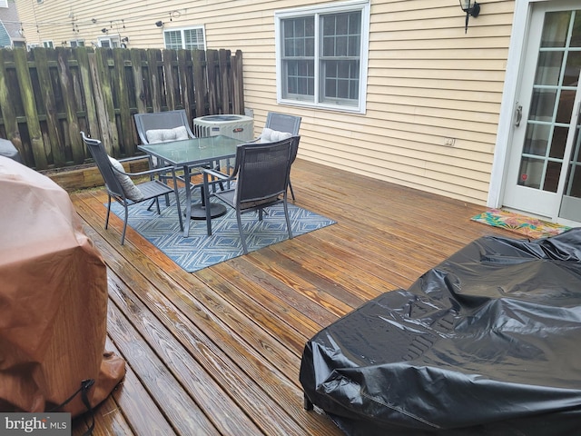 13 Amherst Ct, Bordentown, NJ 08505 - wooden deck with outdoor dining space, fence, and central air condition unit