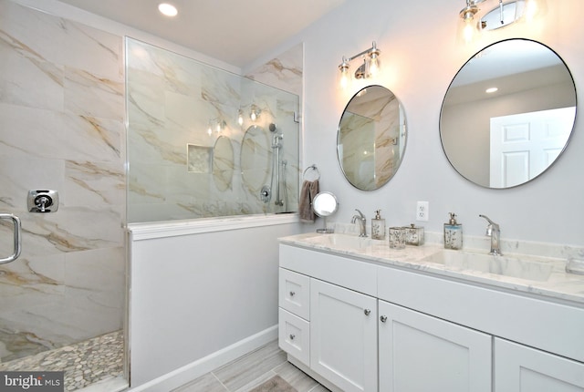 15 Eagle Rd, Phoenixville, PA 19460 - bathroom with a marble finish shower, double vanity, and recessed lighting