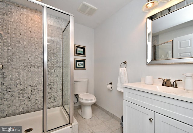 15 Eagle Rd, Phoenixville, PA 19460 - bathroom featuring vanity, toilet, marble look tiles, a stall shower, and baseboards