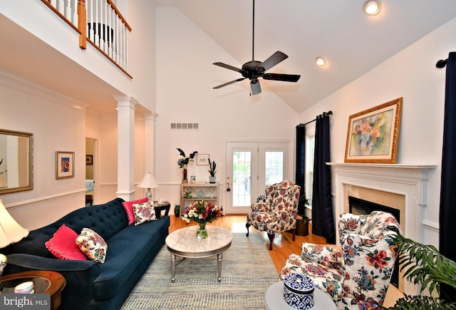 15 Eagle Rd, Phoenixville, PA 19460 - living area featuring wood finished floors, high vaulted ceiling, a ceiling fan, a fireplace, and recessed lighting