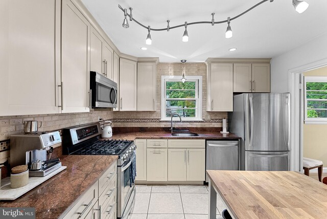 3608 Whispering Ln, Falls Church, VA 22041 - kitchen with stainless steel appliances, a sink, light tile patterned flooring, and backsplash