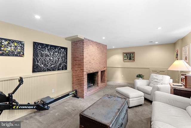3608 Whispering Ln, Falls Church, VA 22041 - carpeted living area with wainscoting, a brick fireplace, and recessed lighting