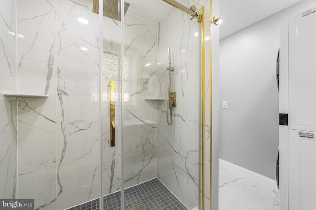 1615 Fillmore St, Philadelphia, PA 19124 - bathroom with a marble finish shower, washer / clothes dryer, and marble finish flooring