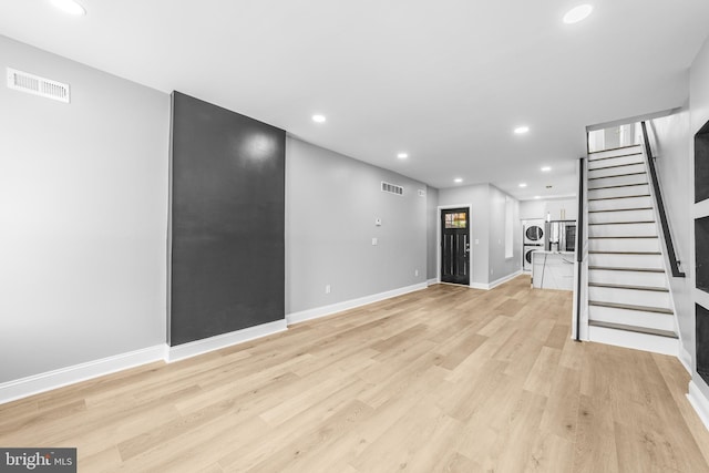 1615 Fillmore St, Philadelphia, PA 19124 - unfurnished living room featuring stairway, light wood-style floors, baseboards, and recessed lighting