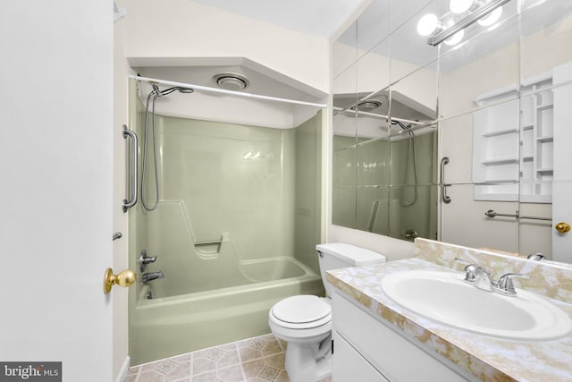 full bathroom with toilet, vanity,  shower combination, and tile patterned floors