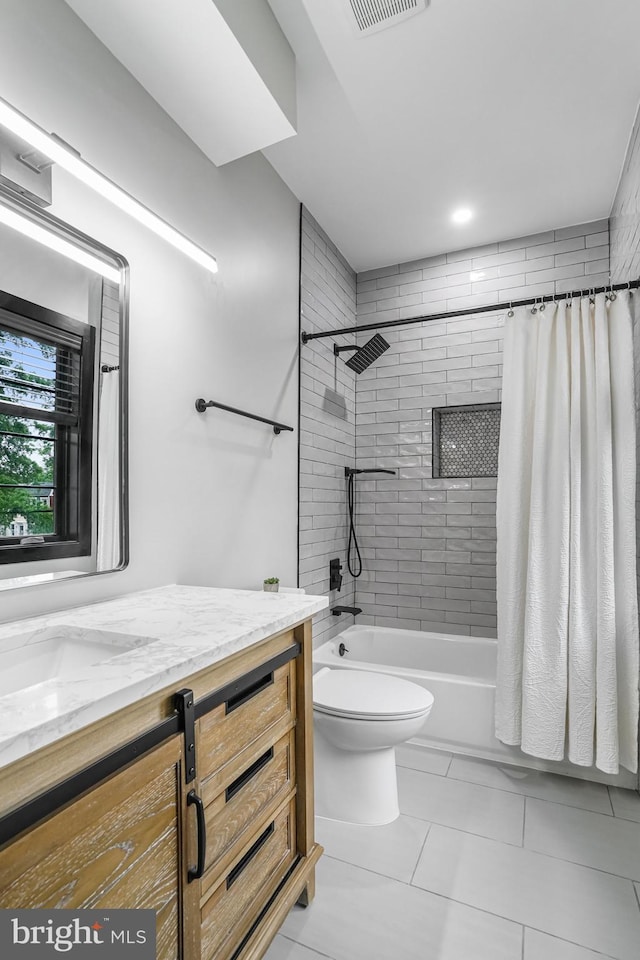 603 N Alfred St, Alexandria, VA 22314 - bathroom featuring vanity, toilet, shower / bathtub combination with curtain, and tile patterned flooring