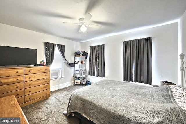 bedroom featuring carpet floors, ceiling fan, baseboards, and cooling unit