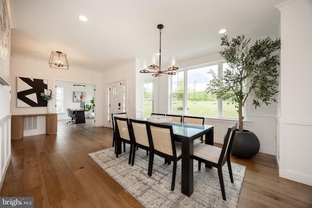 1051 Glen Hall Rd, Kennett Square, PA 19348 - dining room featuring a chandelier, crown molding, wood finished floors, and recessed lighting