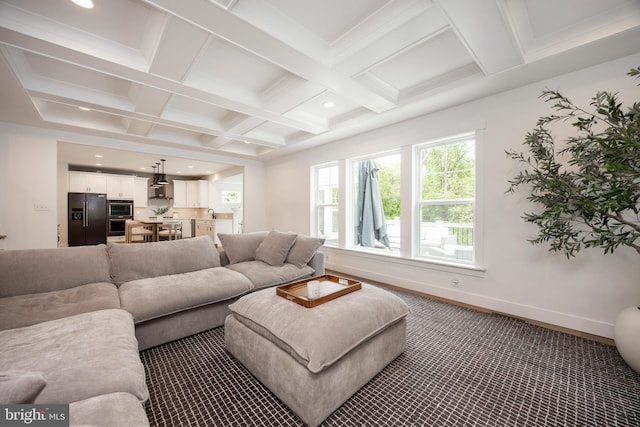 1051 Glen Hall Rd, Kennett Square, PA 19348 - living area with coffered ceiling, beam ceiling, dark colored carpet, baseboards, and recessed lighting