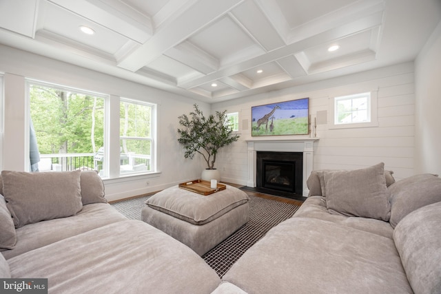 1051 Glen Hall Rd, Kennett Square, PA 19348 - living room featuring a fireplace with flush hearth, coffered ceiling, beam ceiling, recessed lighting, and wood finished floors