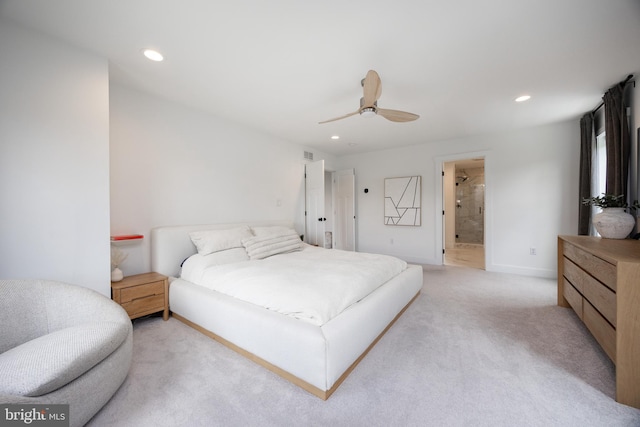 1051 Glen Hall Rd, Kennett Square, PA 19348 - bedroom with light carpet, recessed lighting, baseboards, a ceiling fan, and ensuite bathroom