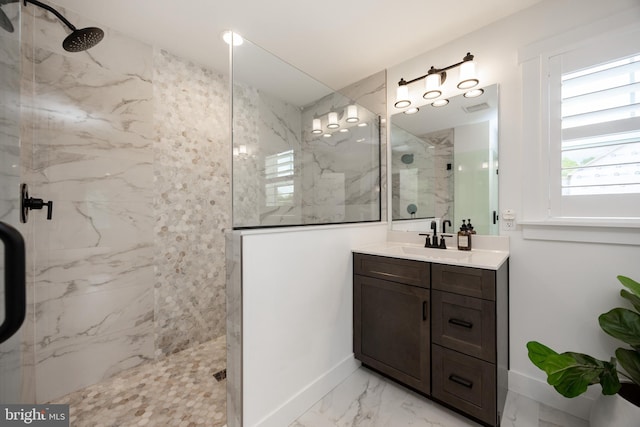 1051 Glen Hall Rd, Kennett Square, PA 19348 - bathroom with marble look tiles, a marble finish shower, and vanity