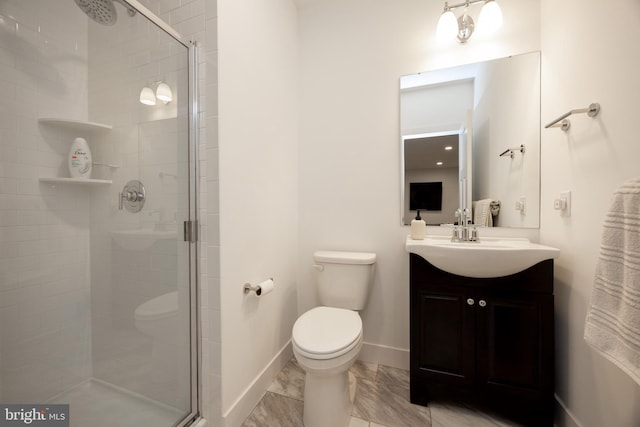 1051 Glen Hall Rd, Kennett Square, PA 19348 - bathroom featuring a shower stall, vanity, toilet, baseboards, and marble finish floors