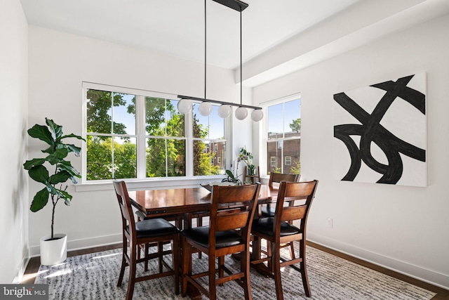 dining space with baseboards and wood finished floors