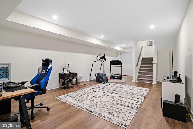 office space featuring wood finished floors, baseboards, and recessed lighting