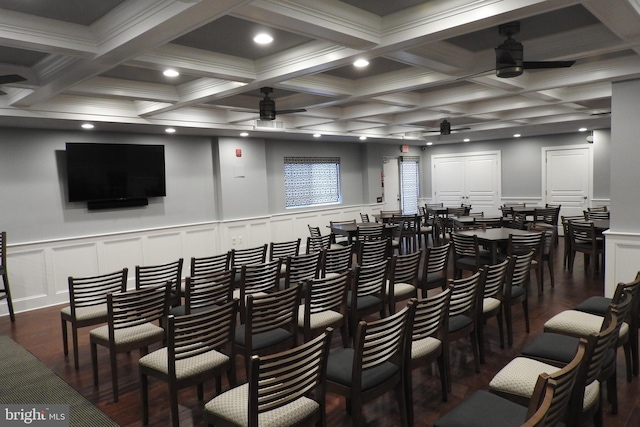 100 W Ave Unit 406S, Jenkintown, PA 19046 - home theater featuring ceiling fan, a decorative wall, dark wood-style floors, beamed ceiling, and recessed lighting