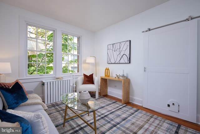 living area featuring radiator, light wood-style floors, and baseboards