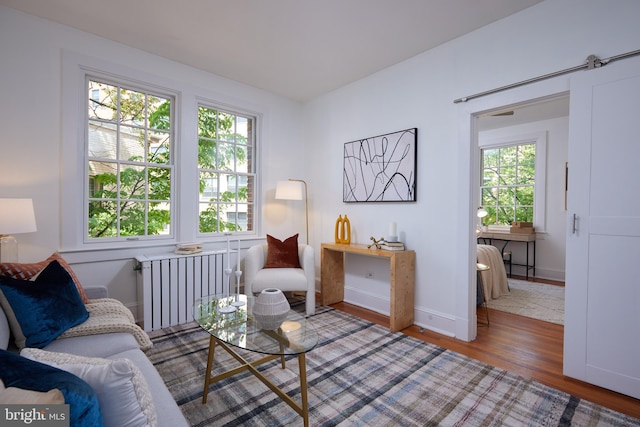 living room with radiator, wood finished floors, and baseboards