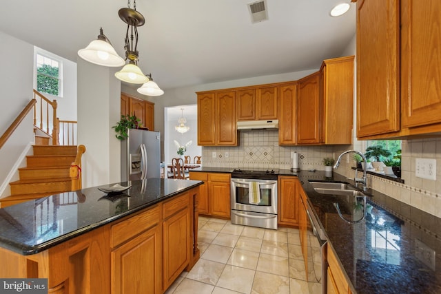 537 Tawnyberry Ln, Collegeville, PA 19426 - kitchen featuring stainless steel appliances, a sink, under cabinet range hood, brown cabinets, and decorative backsplash