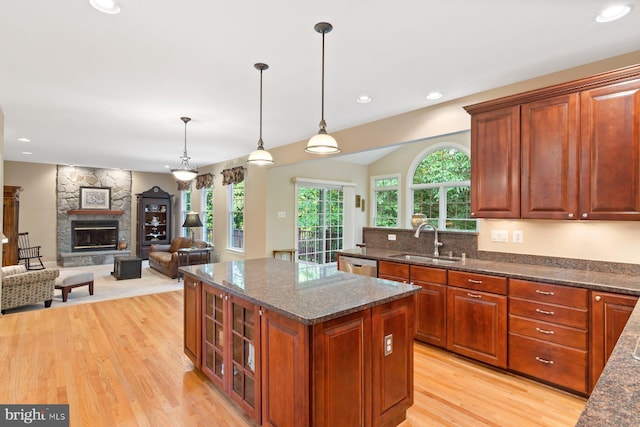 1490 Jakes Creek Dr, Woodbine, MD 21797 - kitchen featuring a sink, stainless steel dishwasher, light wood-style floors, a fireplace, and recessed lighting