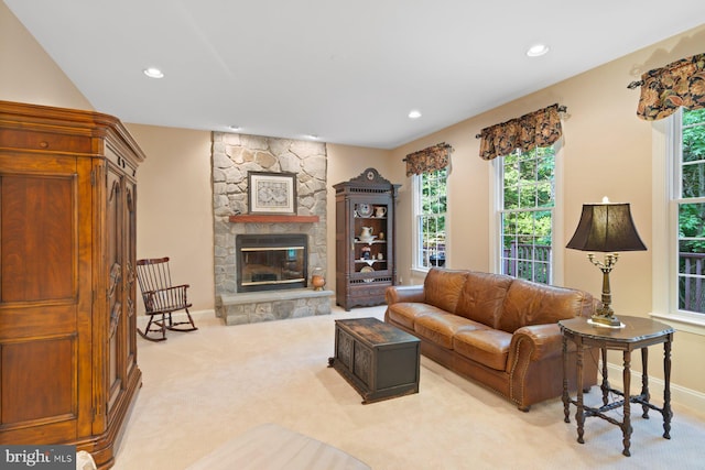1490 Jakes Creek Dr, Woodbine, MD 21797 - living room featuring light colored carpet, a fireplace, recessed lighting, and baseboards