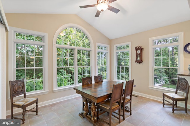 1490 Jakes Creek Dr, Woodbine, MD 21797 - dining area featuring lofted ceiling, healthy amount of natural light, ceiling fan, baseboards, and light tile patterned flooring