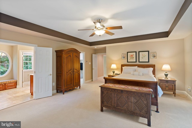 1490 Jakes Creek Dr, Woodbine, MD 21797 - bedroom featuring light carpet, baseboards, ceiling fan, and a tray ceiling