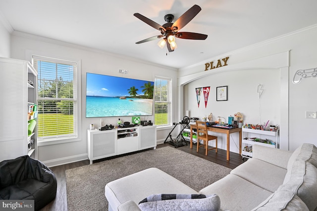 5688 Kirkpatrick Ct, Salisbury, MD 21801 - living area with ornamental molding, dark wood-type flooring, ceiling fan, and baseboards