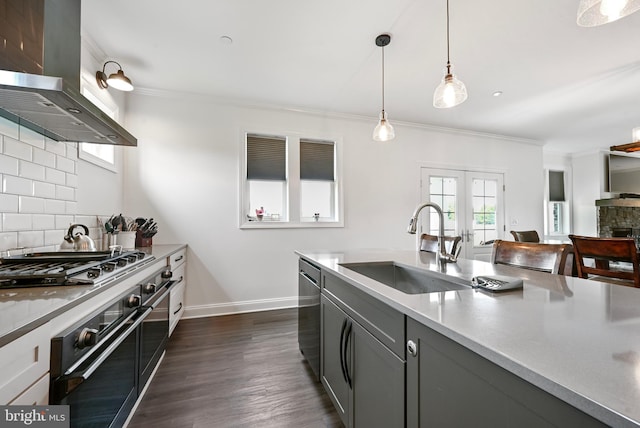 5688 Kirkpatrick Ct, Salisbury, MD 21801 - kitchen featuring extractor fan, a sink, appliances with stainless steel finishes, ornamental molding, and decorative backsplash