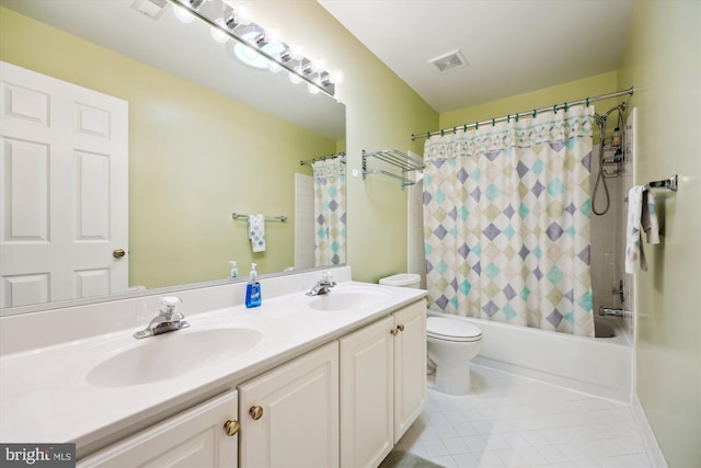 bathroom featuring tile patterned flooring, toilet, double vanity, and shower / tub combo with curtain