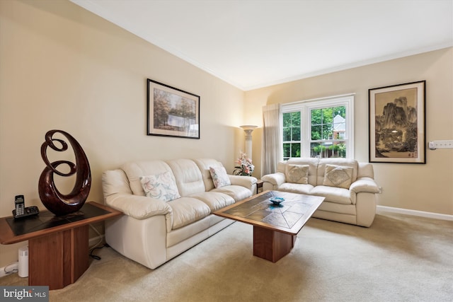 living room with light colored carpet, ornamental molding, and baseboards