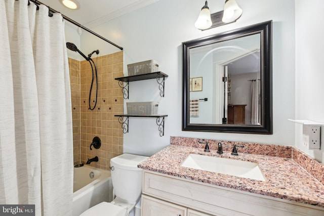 full bath with crown molding, shower / bath combo, toilet, and vanity