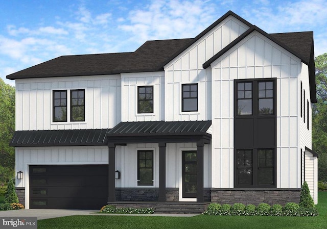 modern inspired farmhouse with board and batten siding, a garage, and stone siding