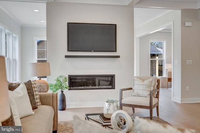 living area with wood finished floors, a glass covered fireplace, baseboards, ornamental molding, and recessed lighting