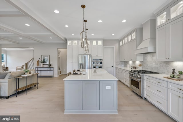 kitchen with premium appliances, premium range hood, decorative backsplash, open floor plan, and light countertops