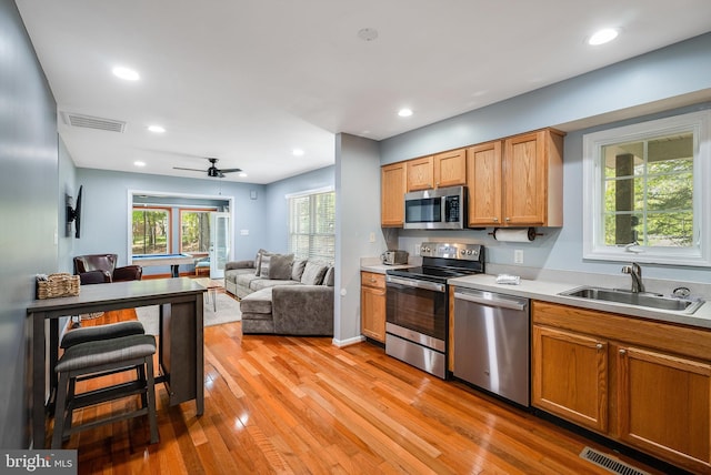 392 Passage Ln, Mc Gaheysville, VA 22840 - kitchen with appliances with stainless steel finishes, a sink, open floor plan, light wood-style floors, and light countertops