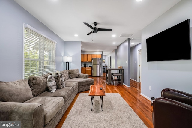 392 Passage Ln, Mc Gaheysville, VA 22840 - living room featuring wood finished floors, ceiling fan, recessed lighting, and baseboards