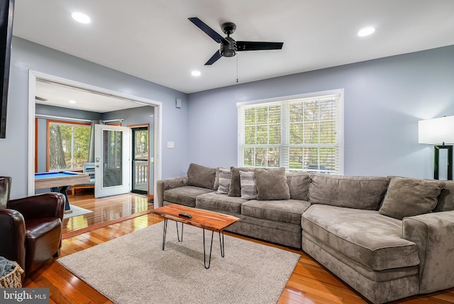 392 Passage Ln, Mc Gaheysville, VA 22840 - living room featuring ceiling fan, light wood-style floors, billiards, and recessed lighting