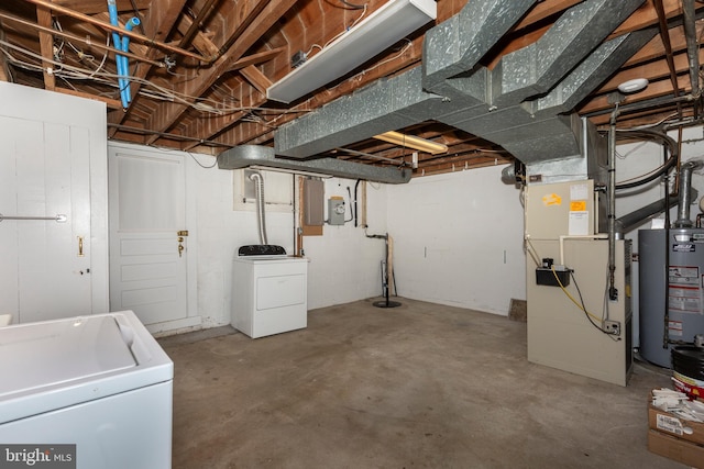 unfinished below grade area with water heater, heating unit, electric panel, separate washer and dryer, and drainage system