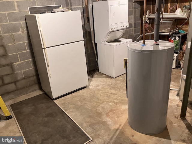 9118 Bobwhite Cir, Gaithersburg, MD 20879 - unfinished below grade area with freestanding refrigerator, estacked washer and dryer, water heater, and concrete block wall