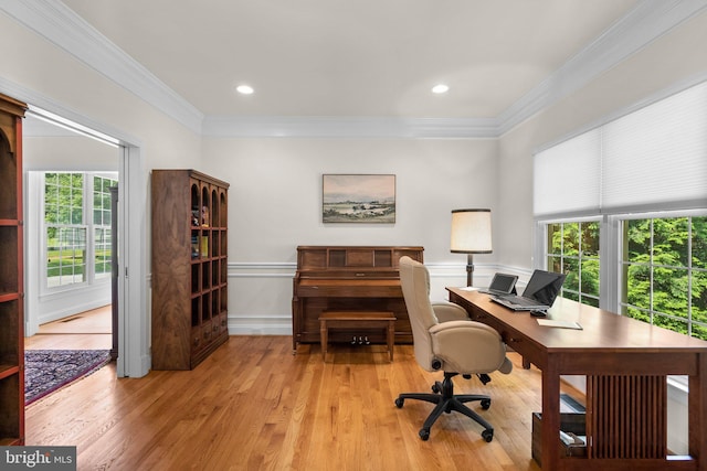 301 Reserve Gate Ter, Silver Spring, MD 20905 - home office featuring crown molding, plenty of natural light, light wood-style flooring, and a wainscoted wall