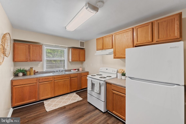 4419 Lakeview Dr, Temple Hills, MD 20748 - kitchen featuring white appliances, under cabinet range hood, dark wood-type flooring, light countertops, and a sink
