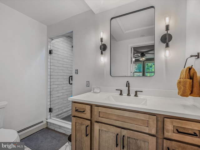 3906 Highland Ridge Rd, Berkeley Springs, WV 25411 - bathroom featuring toilet, baseboard heating, vanity, a shower stall, and ceiling fan