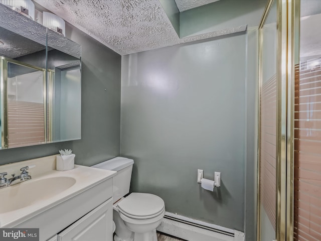 3906 Highland Ridge Rd, Berkeley Springs, WV 25411 - full bathroom with baseboard heating, toilet, a textured ceiling, vanity, and an enclosed shower