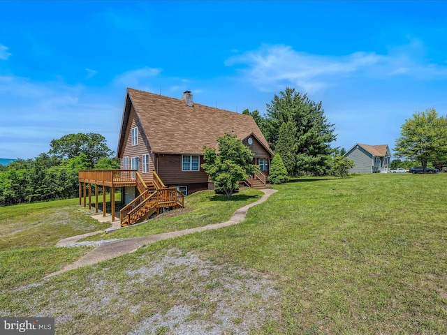 3906 Highland Ridge Rd, Berkeley Springs, WV 25411 - rear view of property featuring stairs, a deck, a chimney, and a lawn