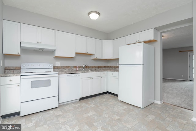 17 Powhurst Ct, Nottingham, MD 21236 - kitchen with white appliances, under cabinet range hood, a sink, light countertops, and white cabinets