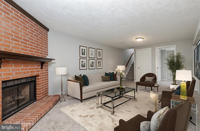 17 Powhurst Ct, Nottingham, MD 21236 - carpeted living area featuring stairs, a textured ceiling, and a fireplace