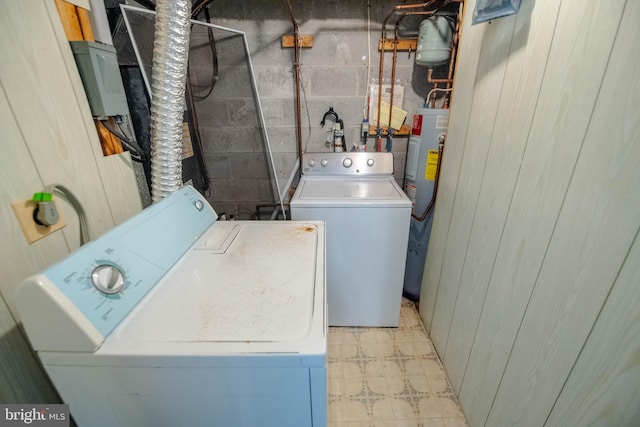17 Powhurst Ct, Nottingham, MD 21236 - clothes washing area with washing machine and dryer, water heater, light floors, and wood walls