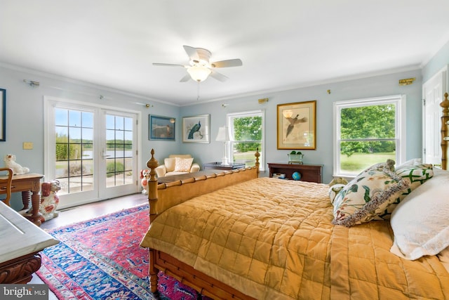 300 Hickory Ln, Chestertown, MD 21620 - bedroom with access to exterior, multiple windows, crown molding, and a ceiling fan